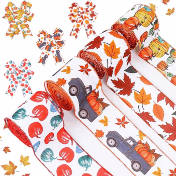 4Rolls 20Yards Thanksgiving Ribbons Autumn Wired Edge Ribbon Fall Themed Decorative Ribbon Pumpkin Maple Leaf Truck Grosgrain Ribbon For Thanksgiving Autumn Fall Party DIY Crafting Supplies