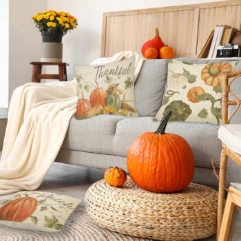 4Pcs Thanksgiving Fall Throw Pillows Cushion Case 18x18in Set Of 4 Pumpkin Watercolor Farmhouse Pillowcase For Thanksgiving Day Harvest Festival Party Autumn Home Sofa Couch Bed Chair