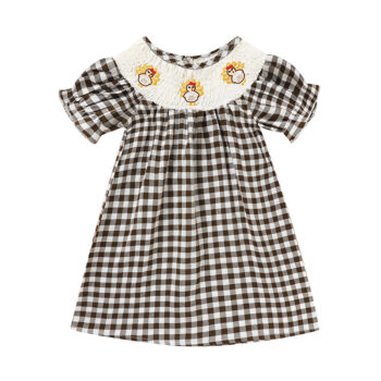 Infant Baby Girls Thanksgiving Dress Turkey Print Casual Short Sleeve Plaid Party Costume Dresses