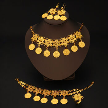 5pcs Fashionable Retro Personality Coin Flower Necklace, Bracelet, Earring Ring Women's Set, Wedding Jewelry, Banquet Gift Giving And Daily Wear