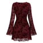 sleeve dress Spice Girl Mesh Flocked Crew Neck Flare-Sleeve Dress