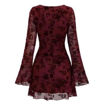 sleeve dress Spice Girl Mesh Flocked Crew Neck Flare-Sleeve Dress