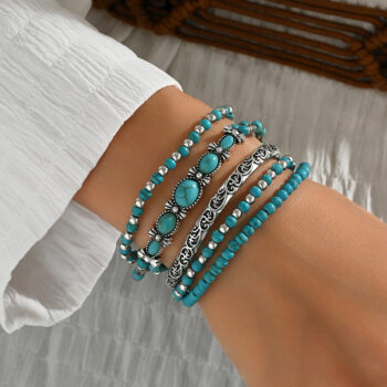Beaded Bow Bracelet Set Vintage Turquoise Bracelet 5-Piece Set - View 2