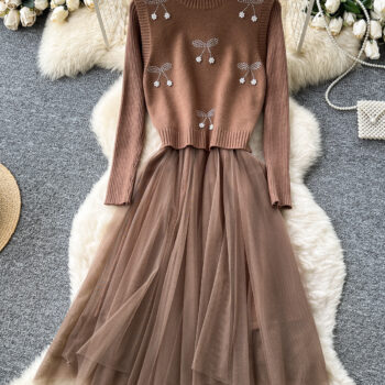 women dress Cherry Vest Long-Sleeve Knitted Patchwork Mesh Dress