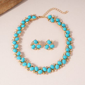 Ethnic Style Zircon Turquoise Flower Necklace Earrings Jewelry