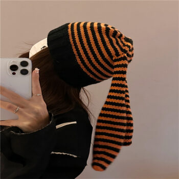 women hat Cute Rabbit Ears Knitted Striped Pullover Wool Knit Hat Shopping Warm Beanie Hat