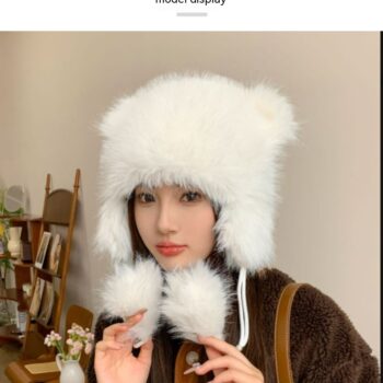 Winter Earflaps Thick Plush Women Cute Bear Ears Hanging Ball Thermal Head Cover Beanie Hat - View 2