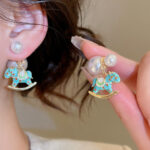 Little Horse Pearl Drop Earrings With Silver Post - View 1