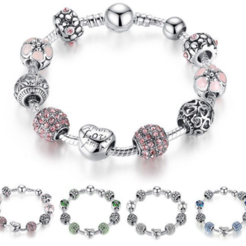 BRANDS SHOPPING WEEK Antique Silver Charm Bracelet & Bangle with Love and Flower Beads Women Wedding 4 Colors 18CM 20CM 21CM