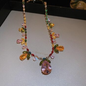 Colorful Sparkling Diamond Flower Leaf Water Drop Pendant Necklace Earring Set - View 2