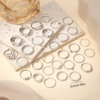 30Pcs Women's Punk Vintage Stackable Ring Set, Casual Geometric Wave Heart Shapes, Inlaid Faux Diamond & Pearl, Versatile For