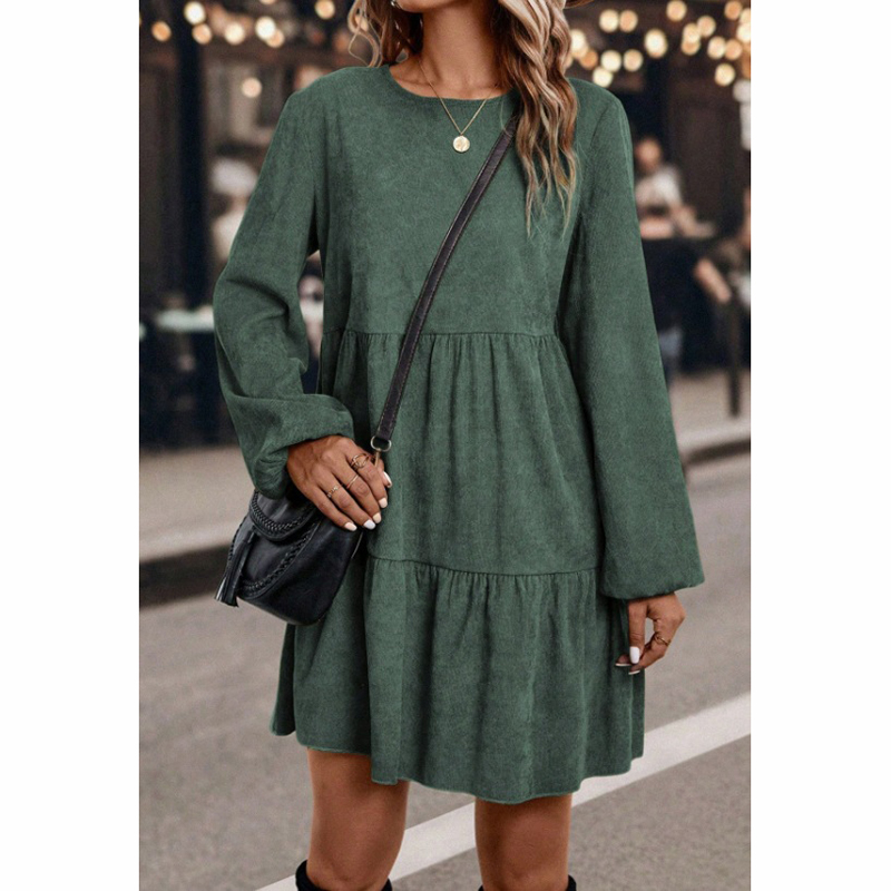 2bc868cc-0286-453d-bdac-017648201657.jpg Women's Corduroy Mini Dress - 2025 Fall Winter A-Line Long Sleeve Dress, Round Neck - View 3