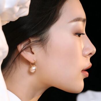 Vintage Gold Pearl Earrings S925 Sterling Silver 14mm Round Pearl Elegant Everyday Jewelry - View 1