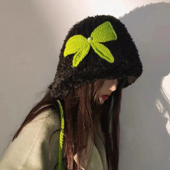 women hat Womens Hand-Crocheted Pom-Pom Hat With Bowknot Warm