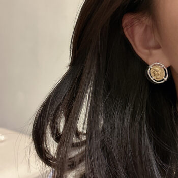 Sterling Silver Tang Grass Pattern Antique Coin Portrait Gold And Silver Contrast Earrings - View 1