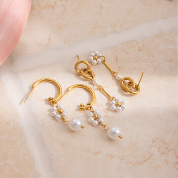 Elegant Floral Pearl Stainless Steel Earrings - View 2