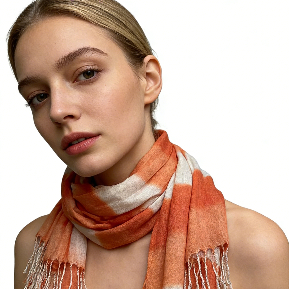 38e7fff7-1303-4564-a2f0-2b3d4f93710d Orange Red Printed Viscose Scarf - Flowy Casual Scarf 67inchx24inch - View 3