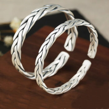 White Copper Plated Thick Silver Weave Vintage Opening Couple Bracelet - View 1