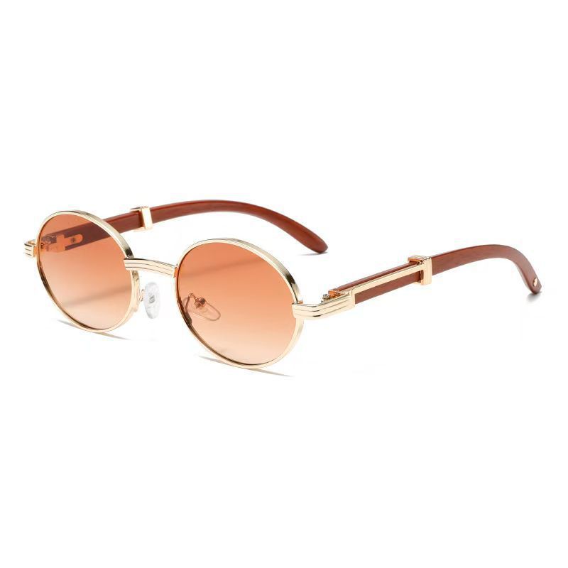 3f80cf60-3673-4027-9fdd-6a6355afac33 Metal Oval-frame Sunglasses With A Wood-grain Finish - View 5