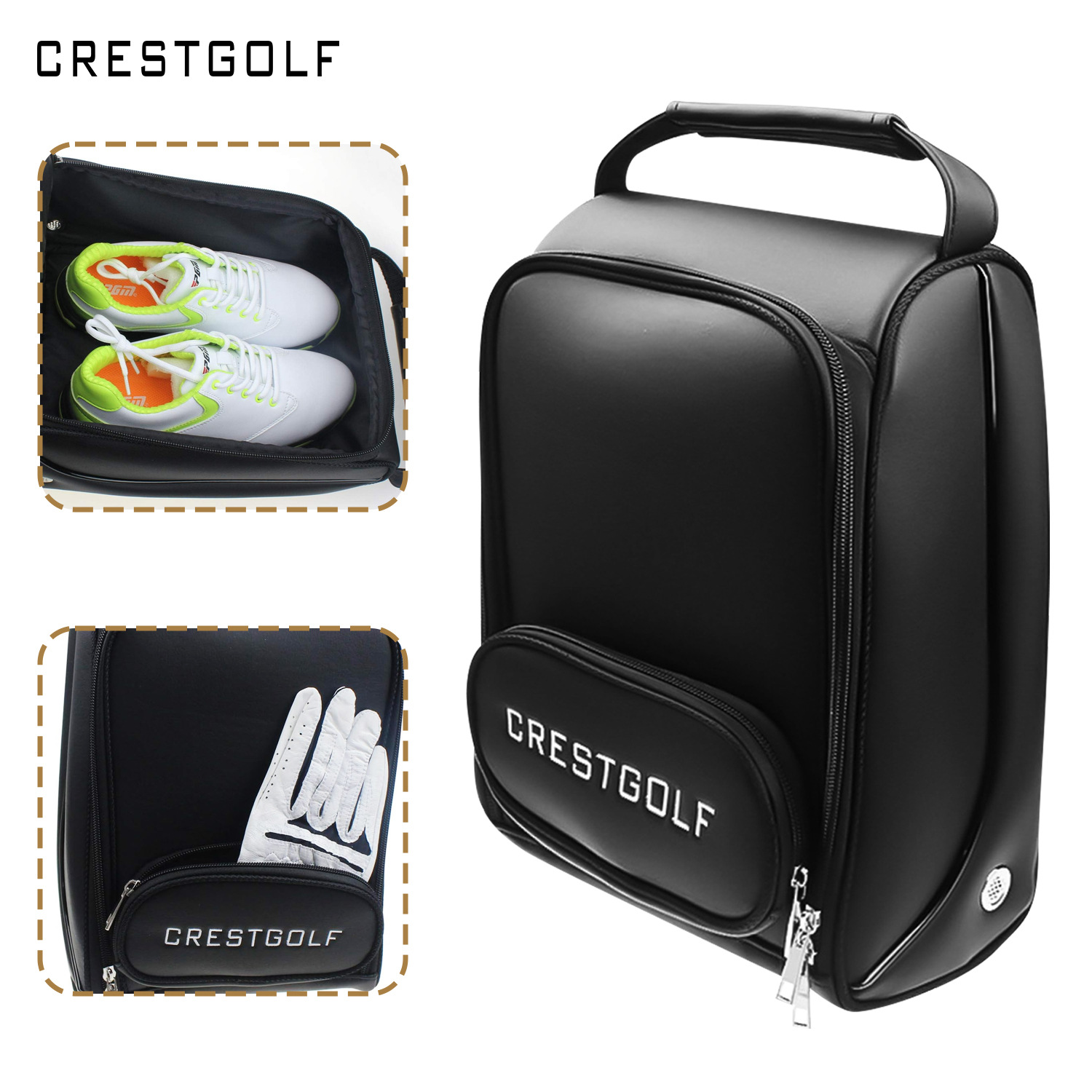 44f0a5dc-ca0c-44eb-be06-b619e6a2d459 Crestgolf Black PU Leather Waterproof Golf Shoe Bag - View 2