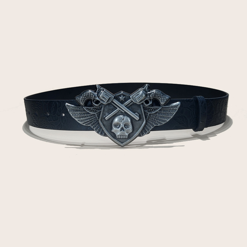 4746a287-9d66-4944-a563-47d404643461 Personalized Skull And Rose Embossed PU Leather Belt - View 2
