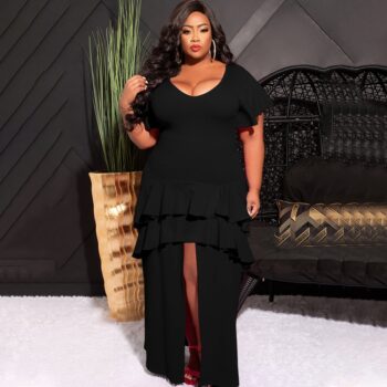 Solid-color Layered Dress With A High Slit On The Front And Ruffled Hem - Main product image