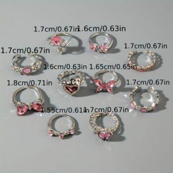 10Pcs Fashion Pink Rhinestone Bow Heart Rings For Women, Exquisite Temperament Finger Jewelry, Perfect Valentine's Day Gift F