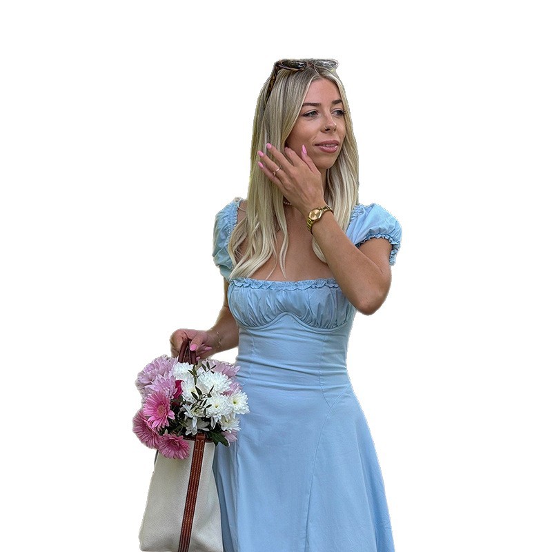 4fa8bdde-4e42-4593-9476-bde5f4de148f.jpg French Bubble Sleeve Lace Hem A-line Dress - View 5