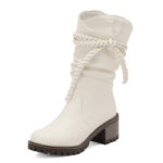 knitted strap mid Womens Fashion Knitted Strap Mid-Calf Boots With Chunky Heels
