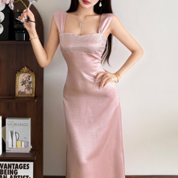 Backless Hot Pressed Diamond Waist Cinched Long Suspender Dress - Main product image