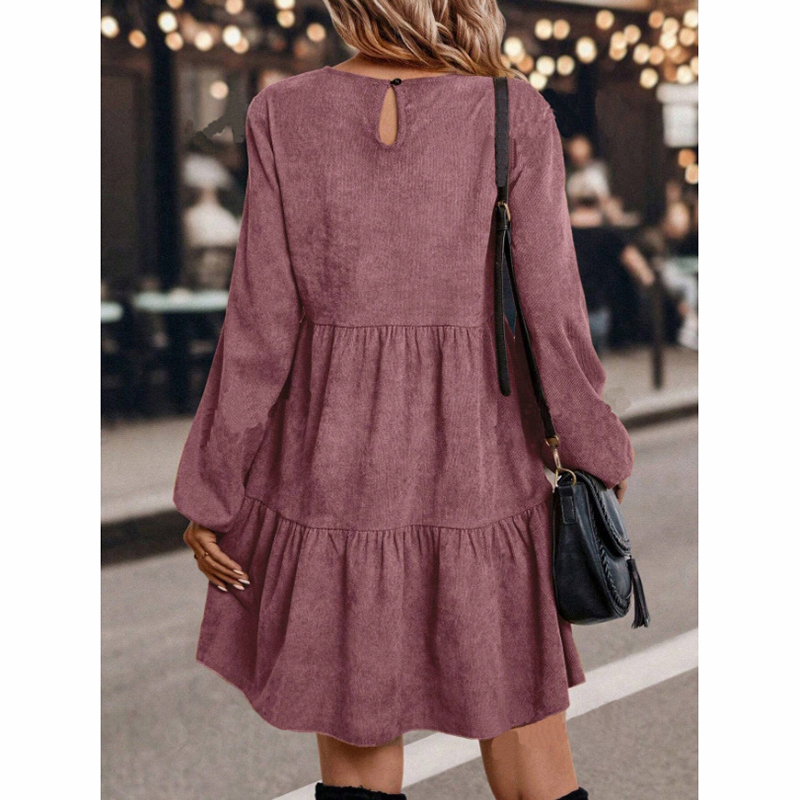58e07187-262f-45fc-a083-b028fdd59546.jpg Women's Corduroy Mini Dress - 2025 Fall Winter A-Line Long Sleeve Dress, Round Neck - View 9