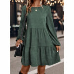Women's Corduroy Mini Dress - 2025 Fall Winter A-Line Long Sleeve Dress, Round Neck - Main product image