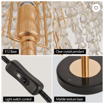 19 Inch Height Elegant Crystal Table Lamp Vintage Waterfall Design With Teardrop Grape Crystal Bead String Shades And Marbl