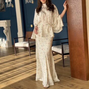 Batwing-sleeve Elegant Belted Top And Floral Skirt Set For Women - Main product image