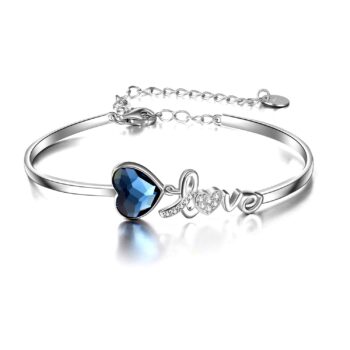 silver bracelet Blue Crystals from Austria Love Heart Bangle Bracelet in White Gold Plated Sterling Silver