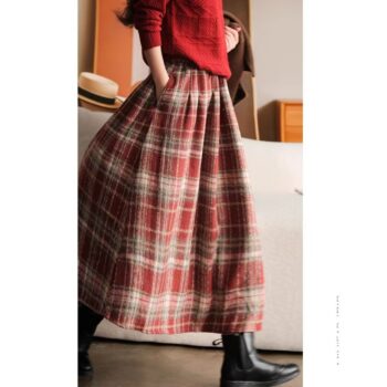 Thickened Woolen Elastic Waist Plaid Skirt Retro Artistic A Line Skirt For Women - View 2