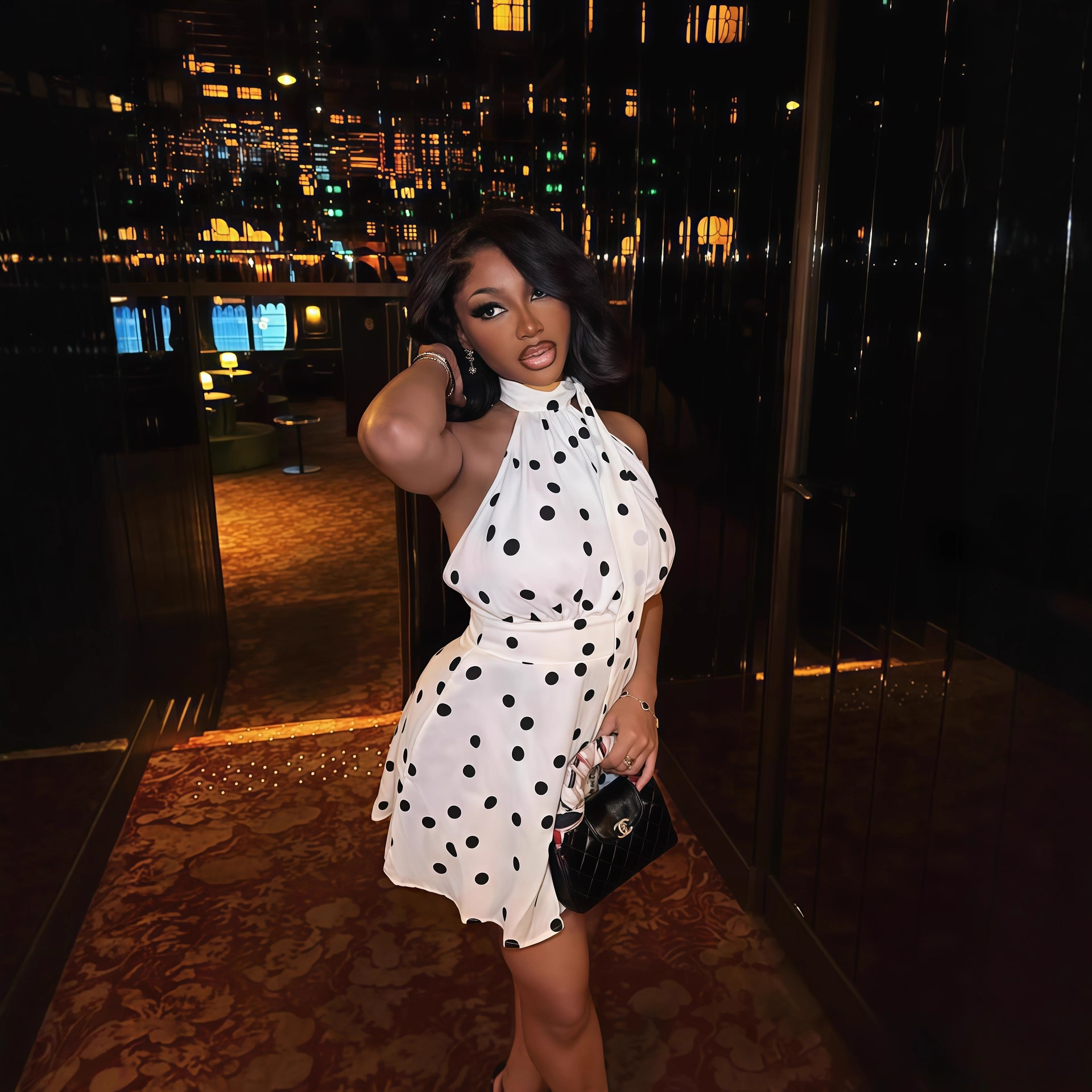 614ef527-0e14-4b0c-a3f2-d67eab4e3ae3.jpg Neck-hanging Backless Polka-dot Printed Waist-cinching Short Dress - Main product image