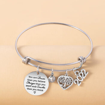 Crystal Heart Tree Of Life Charm Bracelet Inspirational Adjustable Stainless Steel Bangle - View 2