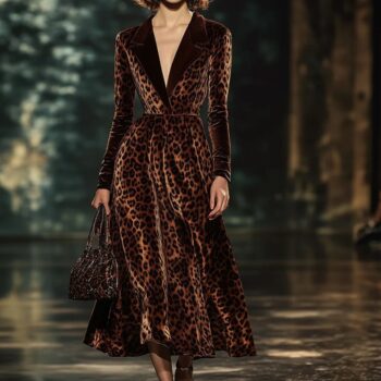 Retro Velvet Leopard-Print Colorblock Lapel Dress