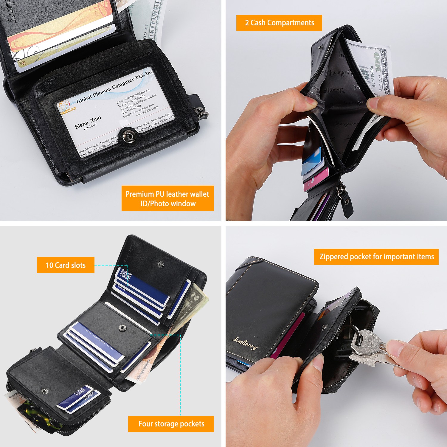 681400ba-5e67-4133-bc96-1c62b689ab54 1Pc Men Leather Wallet ID Card Holder Purse Trifold Clutch Money Zipper With ID Window 14 Credit Card 1 ID Card - View 3