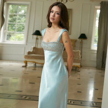 Backless Hot Pressed Diamond Waist Cinched Long Suspender Dress - View 2