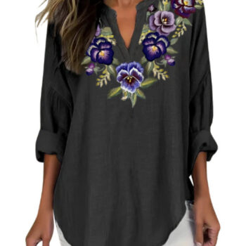 women shirt Womens Fashion Floral Print V-Neck Long-Sleeve T-Shirt