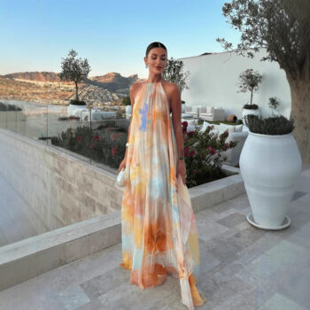 Printed, Loose-Fitting Halterneck Backless Resort Dress - View 2