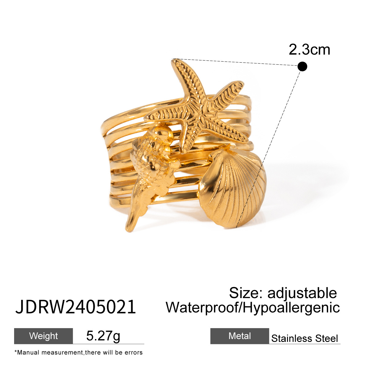 753dc768-67db-44b6-8376-3257bd20f732 18k Gold Stainless Steel Starfish Conch Shell Open Ring - View 3