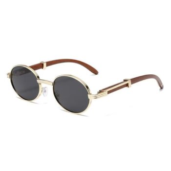 Metal Oval-frame Sunglasses With A Wood-grain Finish - View 2