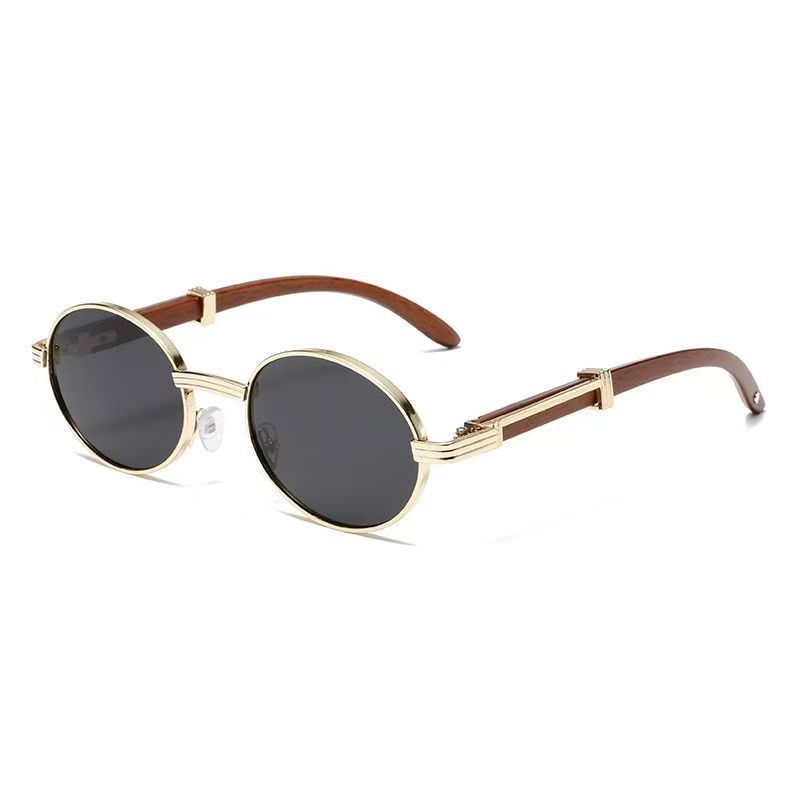 77c06e3b-6e49-415e-b6e4-79c730212622 Metal Oval-frame Sunglasses With A Wood-grain Finish - View 2