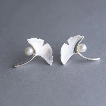 Womens Leaf Ginkgo Pearl Minimalist Earrings