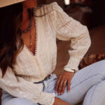 sleeve shirt Elegant Commuter-Style Fashion V-Neck Lace-Patchwork Long-Sleeve Shirt