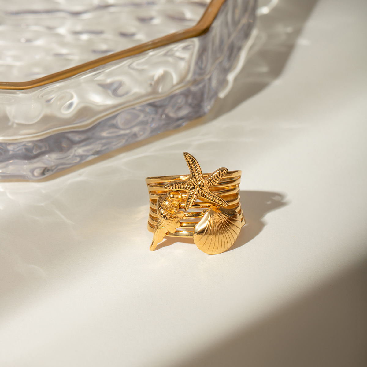 7fa30513-65e2-4067-90b7-679be3e16bc5 18k Gold Stainless Steel Starfish Conch Shell Open Ring - View 5