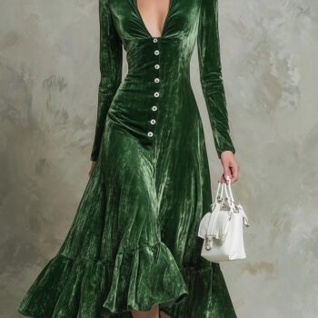 cinching dress Solid-color Buttoned Lapel Long-sleeve Waist-cinching Dress